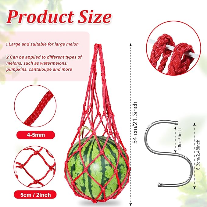 12 Pack Melon Hammocks Cradles with S Hanging Hooks, Heavy Duty Watermelon Nets Melon Hammock for Trellis Pumpkin Hanging Bags for Growing Cantaloupe Pumpkin in Vertical Garden (Red, 12)