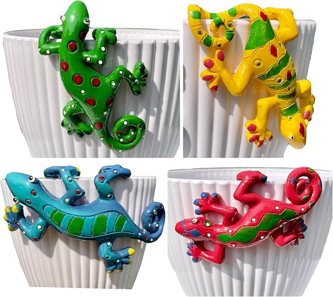4Pcs Resin Climbing Gecko Flower Pot and Vase Hugger, Planter Edge Accessories, Terrarium Hanger Decorations, Garden Yard Ornaments