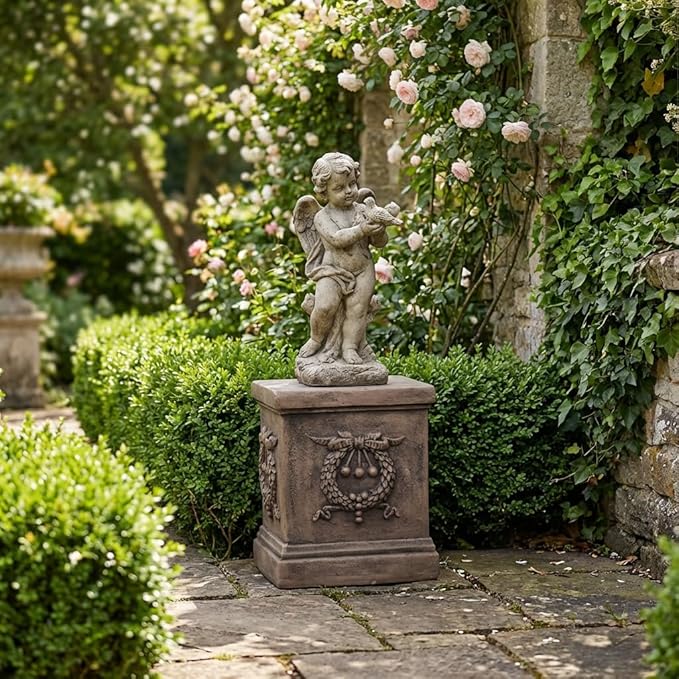 17 Inch Sculptural Garden Plinth Base Statue, Embossed Design Durable and Sturdy Resin Fiber Base,Antique Stone Finish