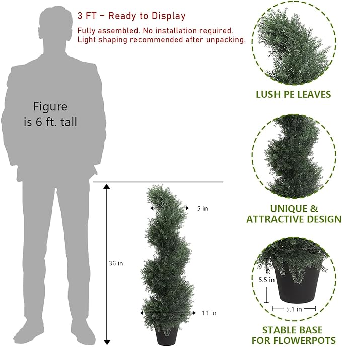 THE BLOOM TIMES 3ft Spiral Artificial Topiary Trees Set of 2, 36 inch Faux Cedar Trees for Outdoor Planters - Fake Twist Cypress Plants for Garden Front Porch Indoor Outside Christmas Decor 3 Foot