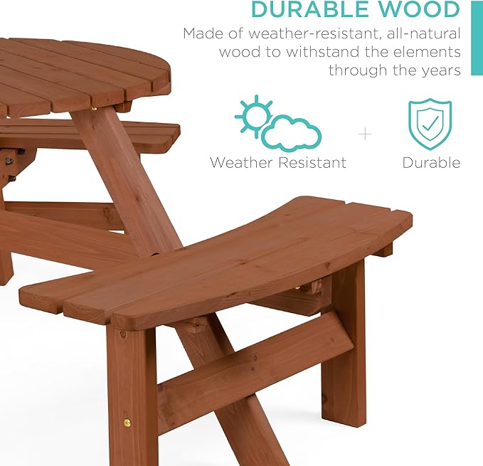 Best Choice Products 6-Person Circular Outdoor Wooden Picnic Table for Patio, Backyard, Garden, DIY w/ 3 Built-in Benches, 500lb Capacity - Acorn