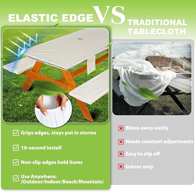 Picnic Table Cover with Bench Covers Vinyl Elastic Edges Fitted Rectangle Seat Tables Waterproof 3-Piece72X30in Set Outdoor Rectangular Folding Backing Tablecloth for Camping Over Size