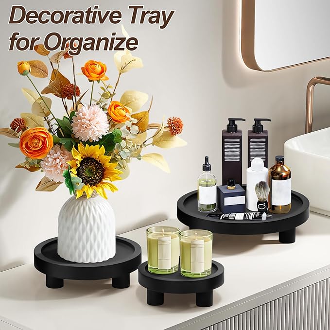 3 Pcs Wood Plant Stand Indoor Outdoor, Wooden Stool Display Stand 5/6/8" Round Riser Flower Pot Holder with Raised Edge Small Planter Tray Modern Potter Decorative for Garden Desktop Home Table Counter Room (Black)