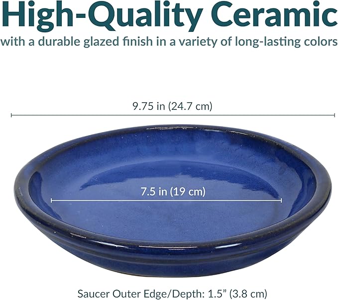 Sunnydaze 7-Inch Ceramic Plant Saucers - Plant Drip Trays for Outdoor Planter Flower Pot Drainage - Set of 2 - Imperial Blue