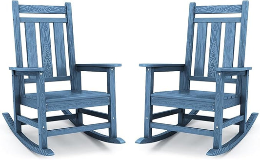 KINGYES Oversized Outdoor Rocking Chair Set of 2, All-Weather Patio Rocking Chairs for Porch, HDPE Outdoor Patio Rockers with High Back & Wide Seat for Garden, Lawn, Blue