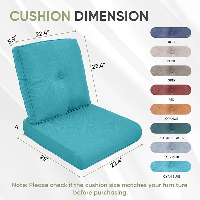Outdoor Chair Cushion Set of 3, Waterproof Outdoor Seat Cushions 25x22 , Patio Chair Cushions for Outdoor Furniture, Couch Cushion Replacement, Include 3 Back & 3 Seat Cushions, Button/CyanBlue