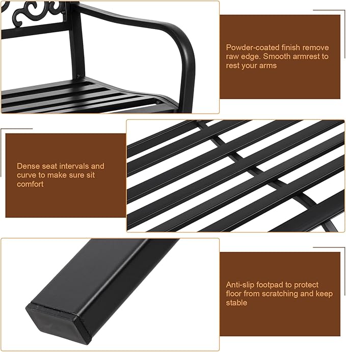 Outvita Outdoor Bench, 50" Metal Frame Garden Bench Patio Porch Furniture with Plastic Floral Design Backrest Powder-Coated Chair Yard Entryway Deck Furniture