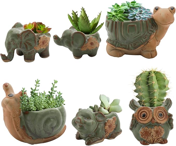 Okllen 6 Pack Mini Animal Ceramic Succulent Planter Set, Cute Elephant, Turtle, Owl, Snail, Succulent Pots with Drainage Hole, Ideal for Bonsai, Indoor, Outdoor
