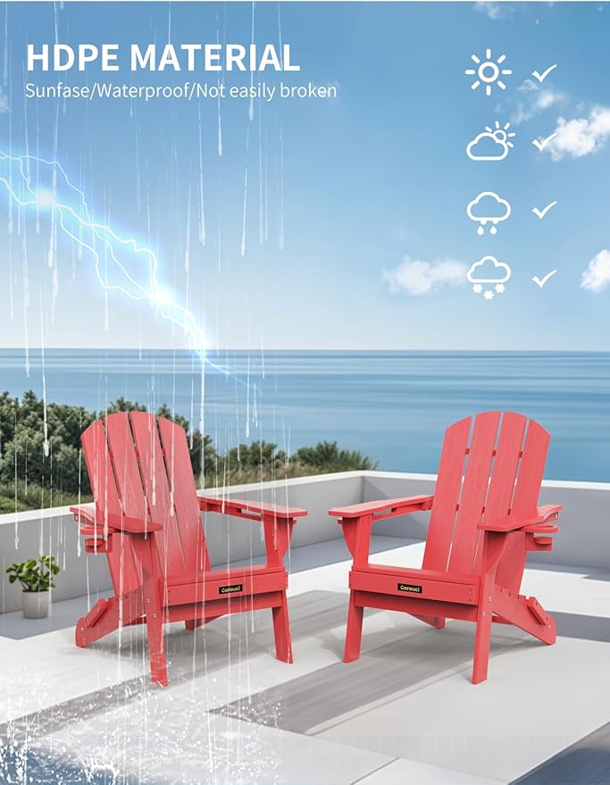 Folding Adirondack Chair, Wooden Textured Plastic Adirondack Chairs with 2 Cup Holder, Weather Resistant HDPE Fire Pit Chair, Outdoor Patio Chairs for Garden, Backyard, Lawn, Deck, 380LBS, Red