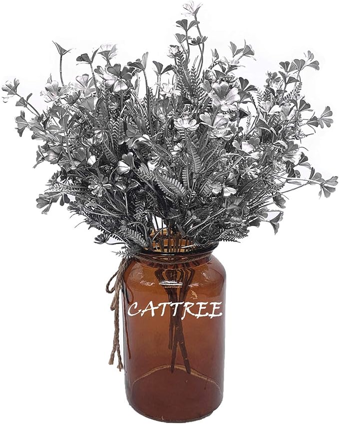 Artificial Plants for Christmas, CATTREE Plastic Grass Faux Shrubs Fake Leaves Simulation Flowers Bushes Home Indoor Outdoor Garden Wedding Festival Decoration Hall Table Planter Filler – Silver 2 Pcs