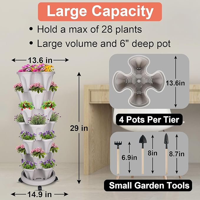 GameXcel Vertical Planter 7 Tier Stackable Planters Garden Planters Strawberry Herb Flower and Vegetable Planter Indoor Outdoor Gardening Pots with Removable Wheels and Tools 2-Pack