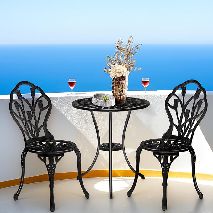 Outvita Patio Table and Chairs Set, Cast Aluminum Outdoor Cafe Table and Chairs Set of 3, Stability Patio Bistro Sets with Umbrella Hole for Garden, Patio, Balcony, Tulip Pattern Black