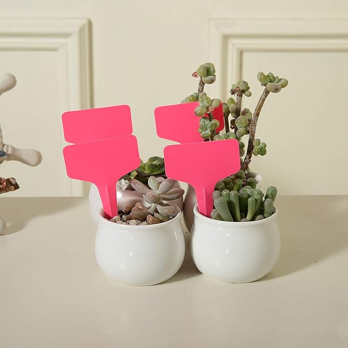 100 Pcs T-Type Plant Labels with a Gel Pen, Waterproof Nursery Plant Tags Plastic Garden Markers, Pink, 6 x 10cm