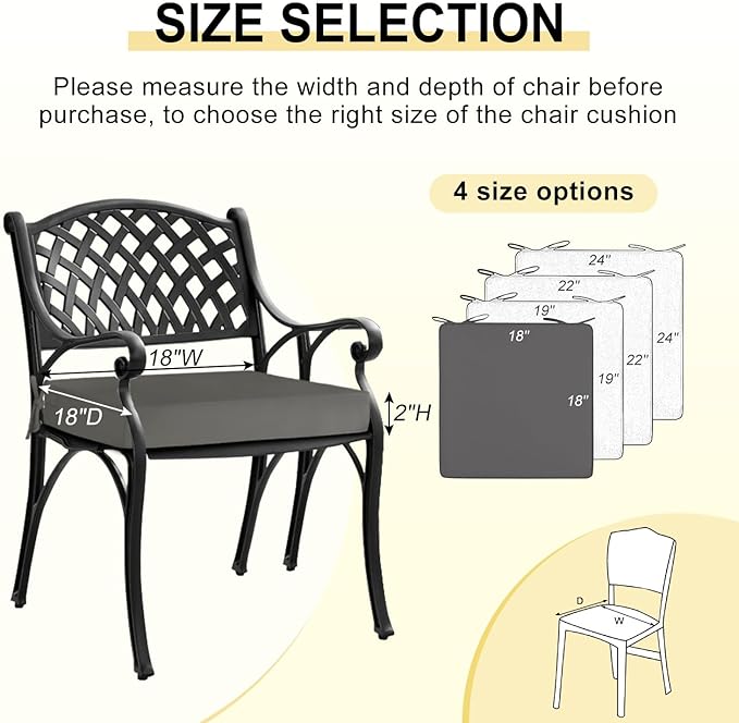 downluxe Waterproof Outdoor Chair Cushions for Patio Furniture, 18" x 18" x 2" Patio Chair Cushion with Non-Slip Ties & Portable Handle, Square Outdoor Cushion with Removable Cover, Dark Grey, 2 Pack