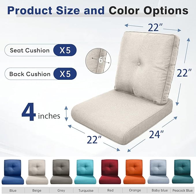 Belord Luxury 4" Thick Outdoor Cushion 5 Set - 22 x24 Inch 28D Sponge Filling Fade-Resistant Chair Cushion, Spill Proof Removable Patio Furniture Replacement Cushions for Sofa Bench Swing - Beige