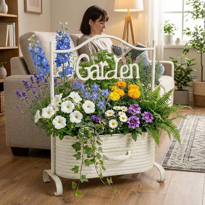 Vintage Metal Planter, Farmhouse Distressed Decorative Outdoor Garden Flower Pot,Farmhouse Plants Holder Succulents Tubs for Garden Patio Yard Outdoor Decor (White)