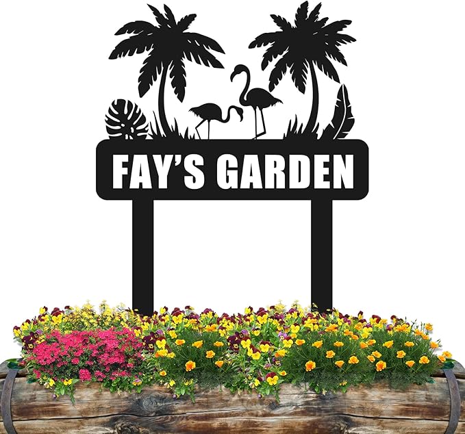 Personalized Metal Garden Sign, Custom Flamingo Decor with Stake, Palm Tree Metal Yard Art, Garden Name Sign,Outdoor Decor,Patio Decoration,Home Present,Gardeners & Planters Gift