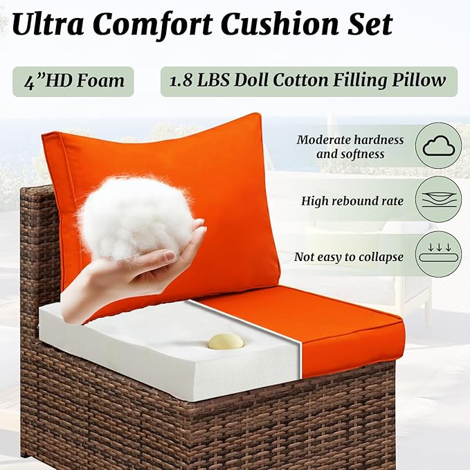 Outdoor Sectional Cushions Replacement Set, 26x26in Patio Furniture Cushions, 14 Pieces Waterproof Outdoor Couch Cushion for 6 Seat Wicker Conversation (Orange)