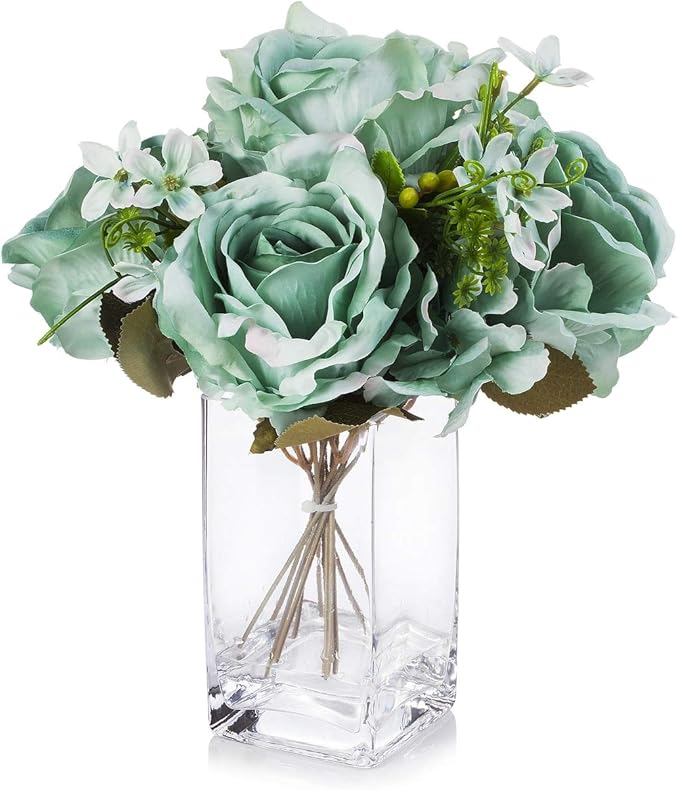 WGV Tall Square Vase Glass Block, Length 4", Height 8", Clear Bud Floral Container, Candle Holder, Planter Terrarium for Wedding Party Event, Home Office Decor, 1 Piece