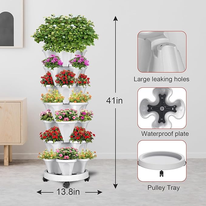 7 Tier Vertical Strawberry Planter-Tower Stackable Herb Planters-Stacking Garden Outdoor Planter Pot with Tools Mover for Flowers, Vegetables and Succulents, Light Grey