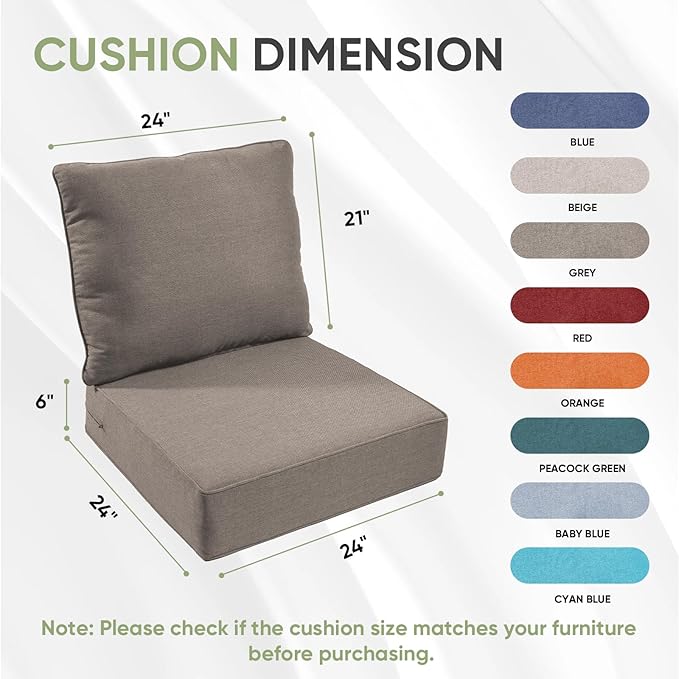 Outdoor Chair Cushion Set, 24x24 Waterproof Patio Chair Cushions, 6" Thickened Seat Cushion for Outdoor Chairs and Couch, Include 1 Back & 1 Seat Cushion, Thick/Grey