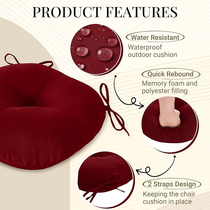 downluxe Bistro Chair Cushions for Patio Furniture, Water-Resistant Round Outdoor Chair Cushions Set of 2 with Non-Slip Ties, 15" x 15", Burgundy