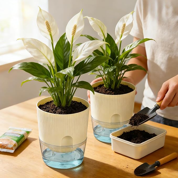 Self Watering Pots for Indoor Plants, 4 Pack 5.7 Inch Flower Pots with Deep Reservoir & Drainage Holes, Yellow Purple Plastic Planters with Water Level Window for Succulents Orchids