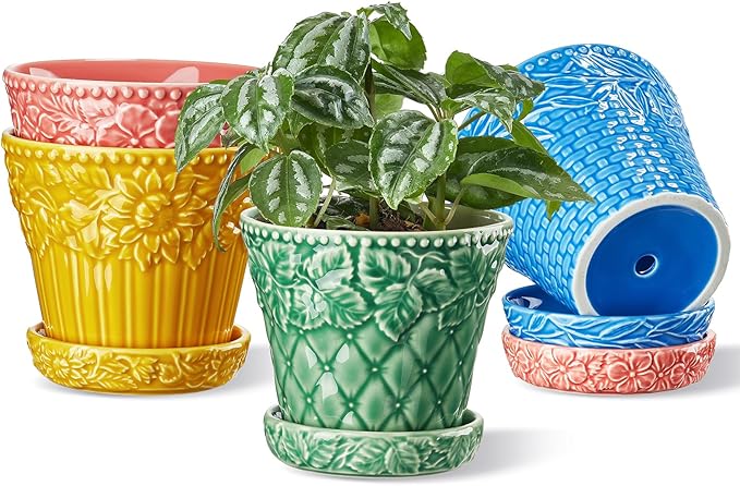 Ceramic Plant Pots, 4.9 Inch Flower Pots with Drainage Hole & Saucer, Colorful Planter Pots for Indoor Plants, Small Pots for Succulent, Catus, Home Decor, Set of 4, Assorted Colors