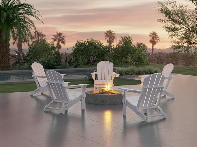 Ciokea Folding Adirondack Chair Wood Texture, Patio Adirondack Chair Weather Resistant, Plastic Fire Pit Chair with Cup Holder, Lawn Chair for Outdoor Porch Garden Backyard Deck (White)
