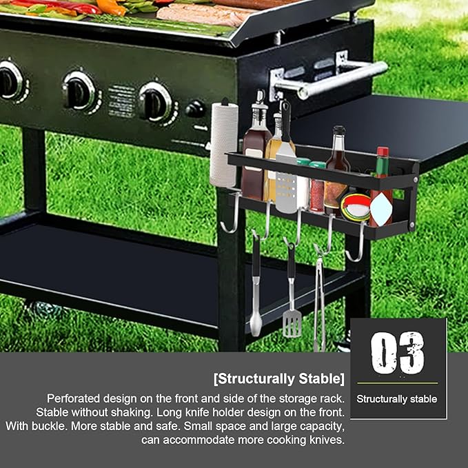 Grill Storage Rack - Outdoor Grill Seasoning Holder, Cooking Organizer | for Oil Bottles Spatulas Shovels Towels Utensils Accessories Holder Organization Camping Patio Garden Backyard Picnic