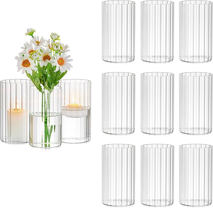 Glasseam Glass Cylinder Vases for Centerpieces: 12pcs Clear Ribbed Flower Vase for Pillar Candle - 6 Inch Modern Hurricane Floating Candle Holder for Wedding Table Centerpieces Living Room Home Decor