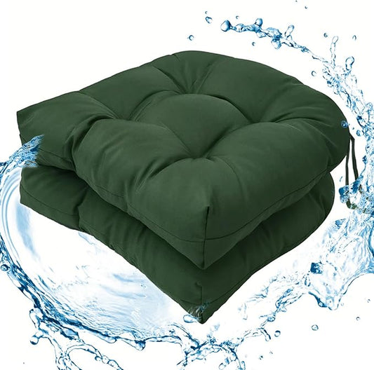 Tufted Chair Cushions for Patio Wicker Chairs, 2 Pieces Outdoor U-Shaped Seat Cushions, Waterproof Chair Pads with Ties 19"x19"x3.9", Dark Green