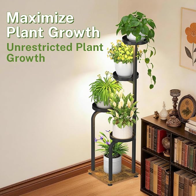 iDavosic.ly Tall Plant Stand Indoor with Grow Light, 4 Tier Corner Multiple Flower Holder Shelf with Metal Trays, Space Saving Display Rack for Living Room Balcony Patio Porch | Black & Brown