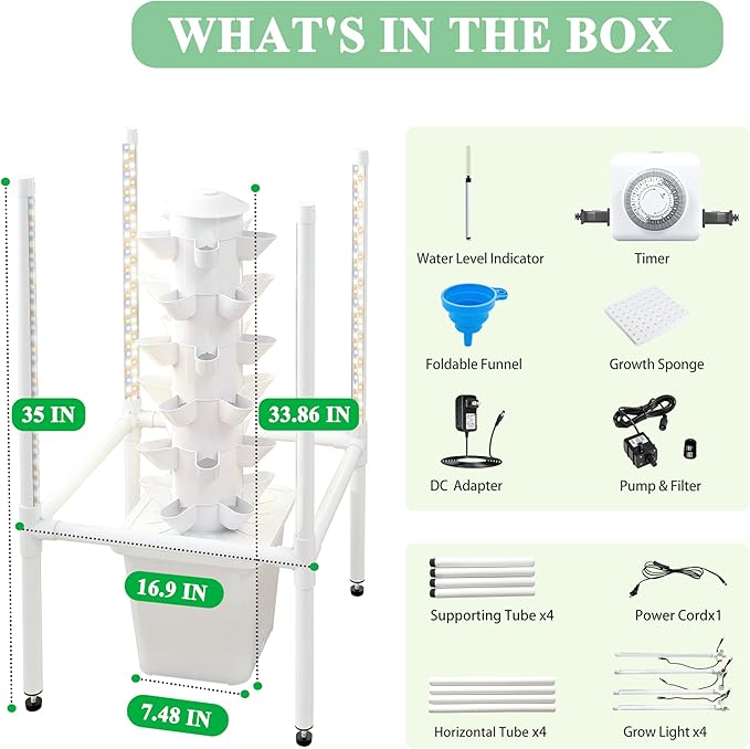 Hydroponics Growing System, 30 Pods Indoor Hydroponic Garden with 48W LED Grow Light for Year-Round Gardening, Plants Germination Kit, Hydroponic Tower for Gifts, Herb, Vegetable (No Seed)