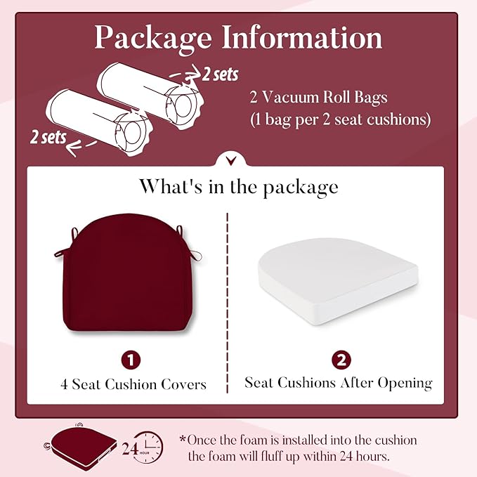 Basic Beyond Outdoor Cushions for Patio Furniture: Waterproof & UV Resistant Outdoor Chair Cushions Set of 4-19 x 19 x 3 Inch Thick Patio Chair Cushions with Adjustable Ties & Handle, Burgundy