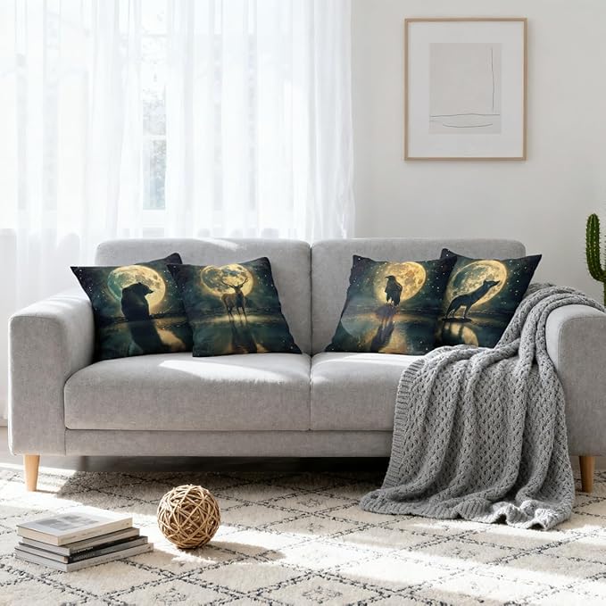 Moon Pillow Covers 18x18 inch Set of 4, Eagle Full Moon Reflection Wildlife Night Sky Throw Pillow Covers Cushion Case for Home Farmhouse Couch Sofa Bed Indoor Outdoor Decor