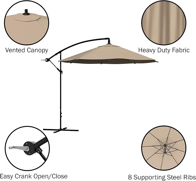 10 Ft Offset Cantilever Patio Umbrella - Fade-Resistant Shade Umbrella Outdoor Patio Canopy with Cross Base for Garden, Lawn, Deck, Yard or Pool by Pure Garden (Sand)