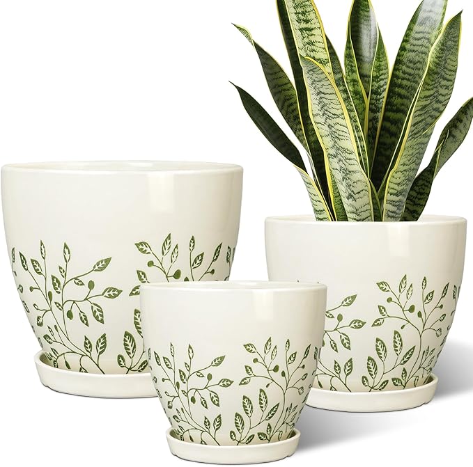 Ceramic Pots for Indoor Plants - 10+8+6 Inch Planters with Drainage Holes and Saucers, Decorative Boho Round Indoor Planters Pots, Room Decor, Gifts for Plant Lovers, Set of 3, White