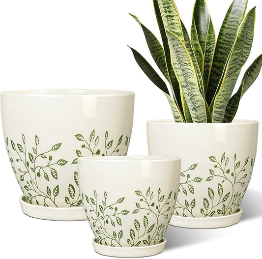 Ceramic Pots for Indoor Plants - 10+8+6 Inch Planters with Drainage Holes and Saucers, Decorative Boho Round Indoor Planters Pots, Room Decor, Gifts for Plant Lovers, Set of 3, White
