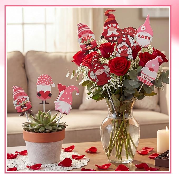 Novabright 12 Pcs 12'' Valentine's Day Metal Gnomes Yard Planter Stakes Valentines Gnomes Garden Stakes Potted Plant Signs Outdoor Decorations for Planter Pot Lawn Patio Wedding Party Decor
