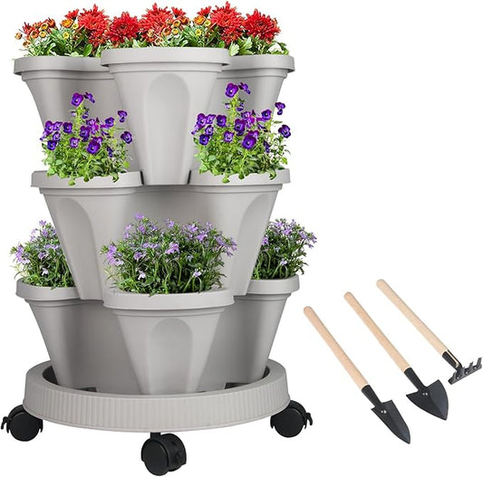 GameXcel Vertical Planter 3 Tier Stackable Planters Garden Planters Strawberry Herb Flower and Vegetable Planter Indoor Outdoor Gardening Pots with Removable Wheels and Tools