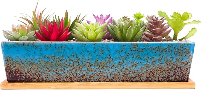 Succulent Pots - 12.1 Inch Large Succulent Planters Pots with Drainage Tray, Long Rectangle Ceramic Pot for Indoor Cactus/Succulent Plants Shallow Bonsai Window Box for Home Garden Decor (Blue)