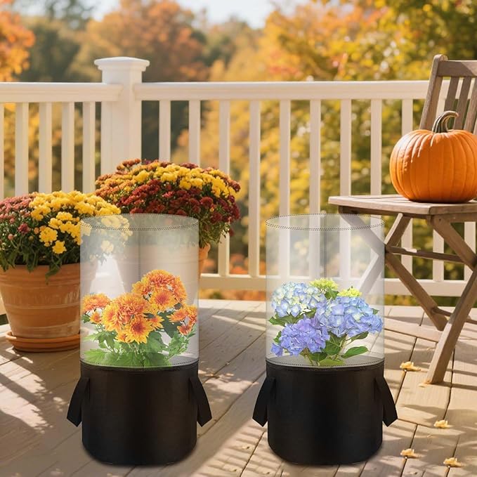 2PCS Mini Plant Greenhouse with Felt Planting Bag Round Planter Winter Garden Pot Covers Transparent Plant Frost Protection Cover with Support Rod for Outdoor Plants or Seedlings, 29.5" X 11.8"