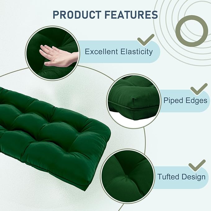 downluxe Outdoor Bench Cushion for Patio Furniture, Waterproof Tufted Overstuffed Porch Swing Cushions, Thick Outdoor Loveseat Cushions, 48" X 18" X 5", Forest Green, Set of 1