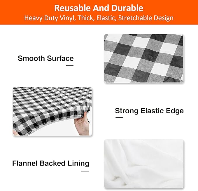 KENOBEE 7ft Picnic Table and Bench Cover, Camping Essentials RV Gear, 84 in Waterproof Windproof Outdoor Elastic All Around Tablecloth, Fitted Rectangle Tables and Seats, Black-White Checkered