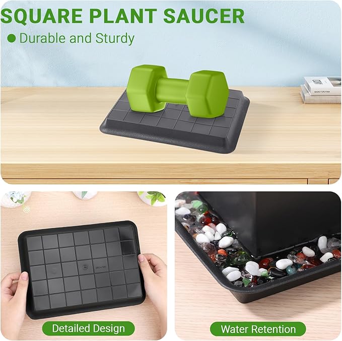 GREANER 10 Inch Plastic Plant Tray Saucer Rectangular, Black Heavy Duty Plant Trays No Holes, Humidity Trays for Indoor Outdoor Plants(3 Packs)