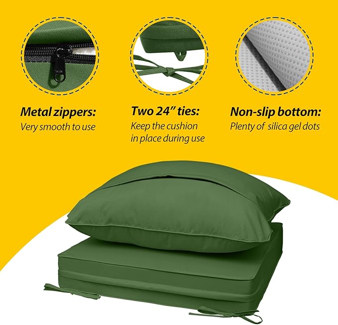 AAAAAcessories Outdoor Seat Cushions for Chairs, Fade-Resistant, Waterproof Patio Furniture Replacement Cushions, 21" x 21" x 3" + 21" x 17", Dark Moss Green