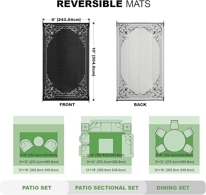 wikiwiki Outdoor Rug, 8x10ft Waterproof Reversible Mat Indoor Outdoor Rugs Carpet, Small Area Rug Plastic Straw Rug for Patio Deck Balcony Pool RV Camping Beach Picnic, Classic Black, Rugscape Series