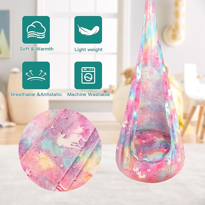 Kids Pod Swing Seat, Flannel Sensory Swing Chair Nightglow with PVC Inflatable Cushion, Hanging Hammock Chair for Indoor＆Outdoor Use (Rainbow Color(Unicorn))