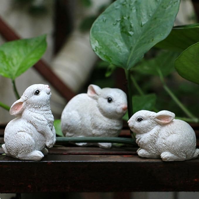 3PCS Bunny Statues Garden Decorations Set, Outdoor Small Light Weight Baby Rabbit Garden Statues for Outside Patio, Porch, or Flower Pots